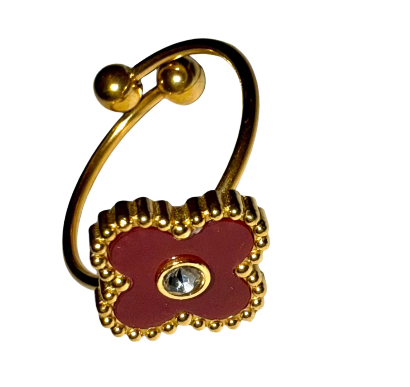 Chloe - Our Chloe ring exudes timeless elegance with its delicate clover design. Crafted of durable SS coated in 18K Gold for a water resistant, tarnish free finish. The adjustable band is one size fits all.
