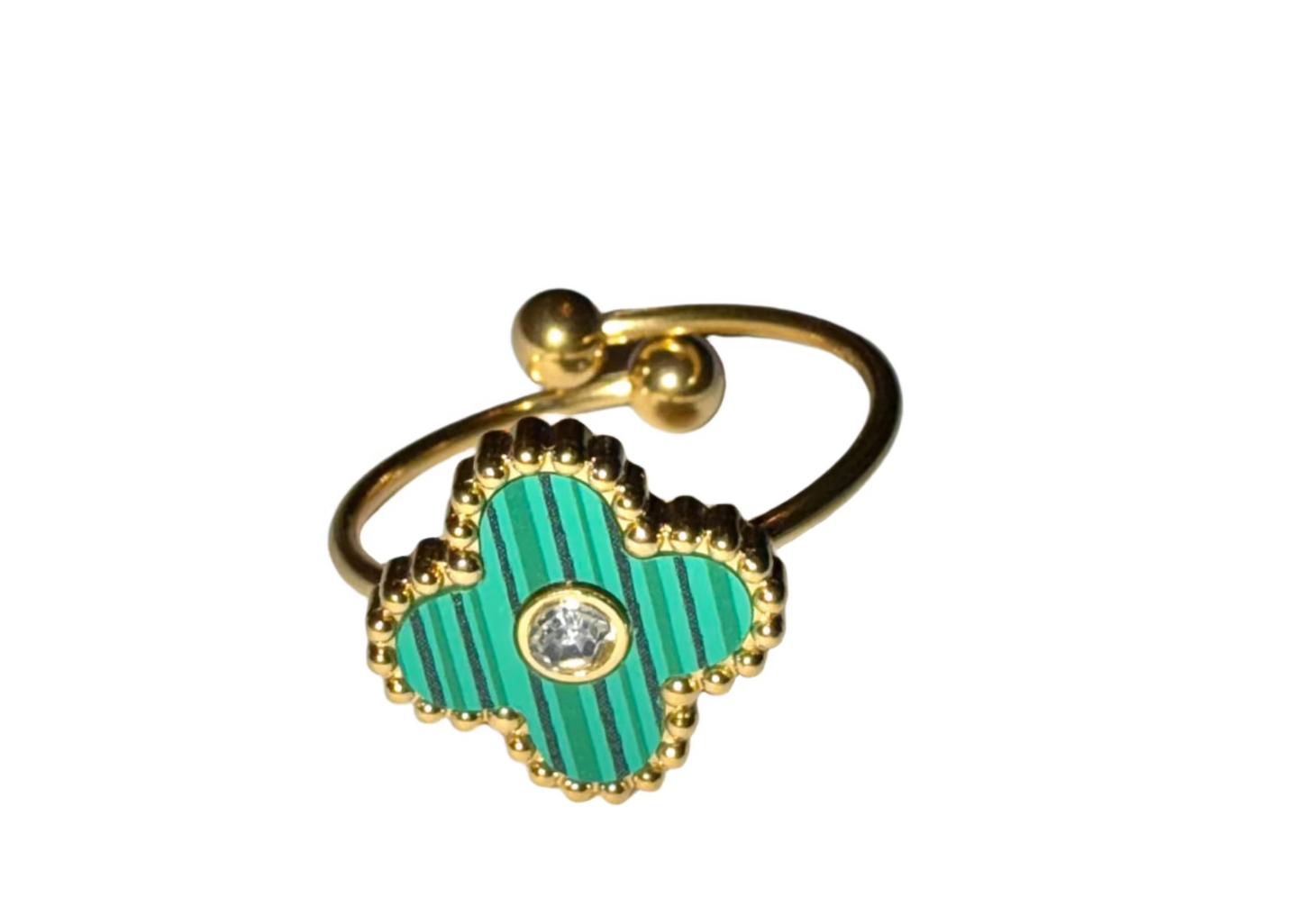 Chloe - Our Chloe ring exudes timeless elegance with its delicate clover design. Crafted of durable SS coated in 18K Gold for a water resistant, tarnish free finish. The adjustable band is one size fits all.