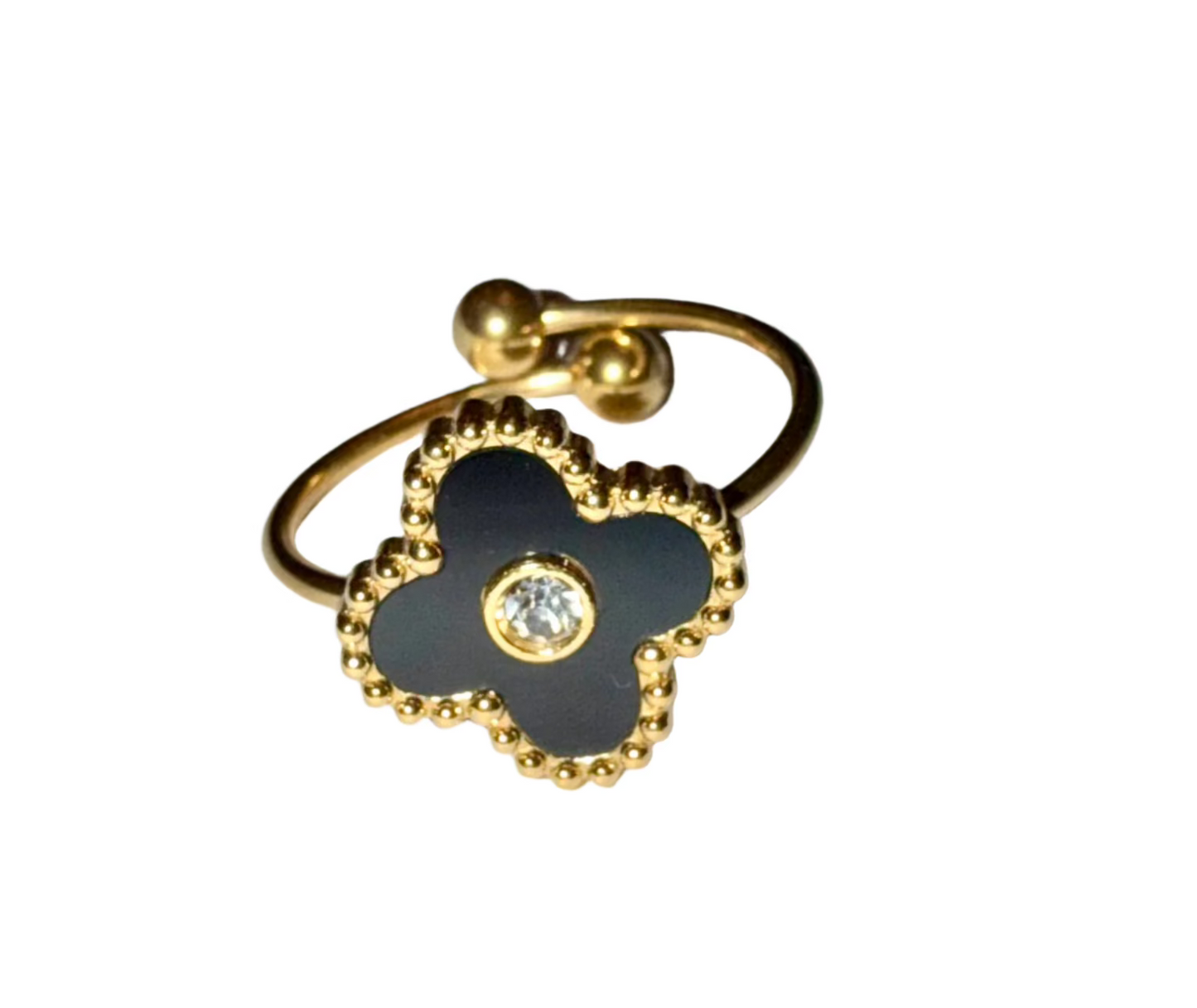Chloe - Our Chloe ring exudes timeless elegance with its delicate clover design. Crafted of durable SS coated in 18K Gold for a water resistant, tarnish free finish. The adjustable band is one size fits all.