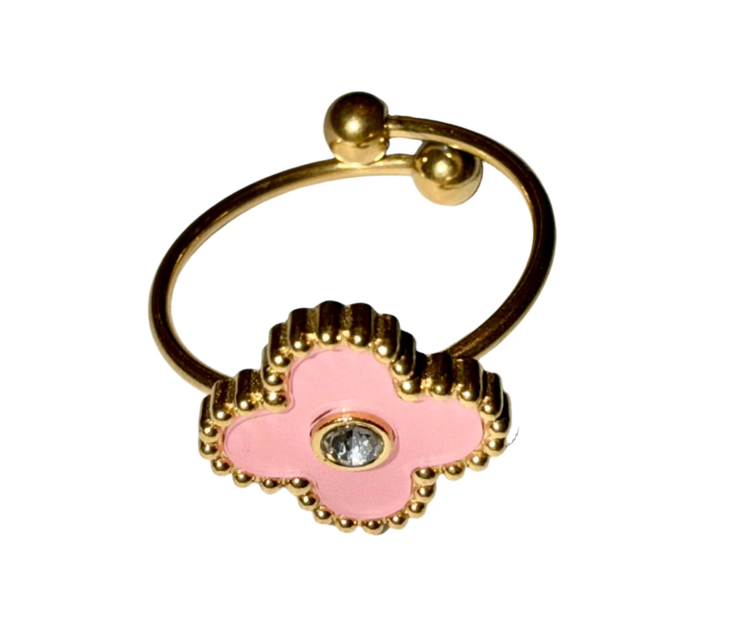 Chloe - Our Chloe ring exudes timeless elegance with its delicate clover design. Crafted of durable SS coated in 18K Gold for a water resistant, tarnish free finish. The adjustable band is one size fits all.