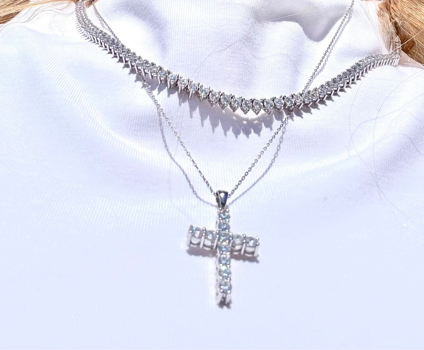 Faith - Faith is our luxe 925 sterling silver & moissanite pendant cross necklace crafted with brilliant D VVS1 moissanite stones. 16" with a 2" extender & claw clasp. Layer her with our Eve Tennis Necklace to stand out both on and off the courts.