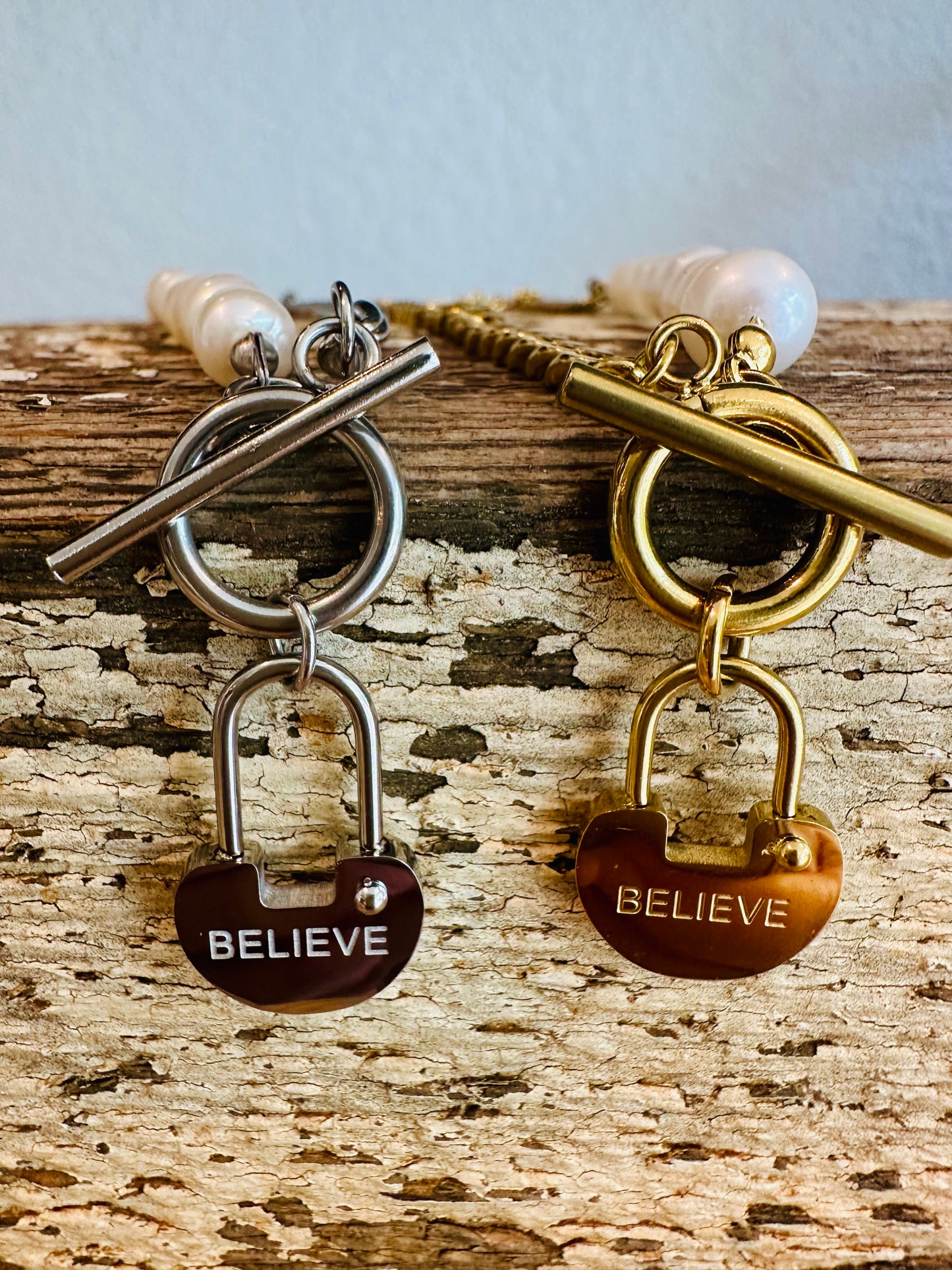 Lily -Our Lily Believe heart toggle chain and pearls in L316 Stainless with Gold or Silver Overlay. Both in 17" Length