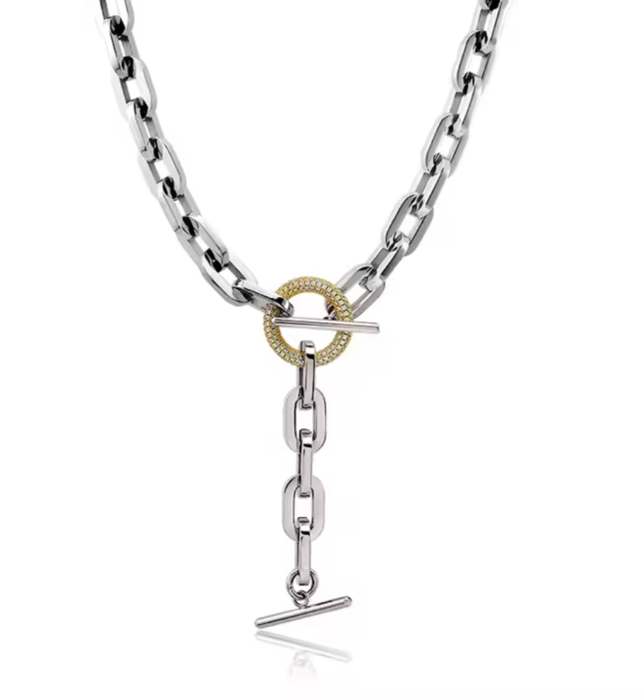 Tiffany - Tiffany is elegant and timeless. Thick stainless links with a gold pave sparkly ring and toggle will elevate a casual look and take it up a notch. A BB classic