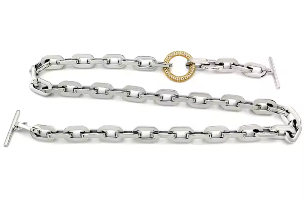 Tiffany - Tiffany is elegant and timeless. Thick stainless links with a gold pave sparkly ring and toggle will elevate a casual look and take it up a notch. A BB classic