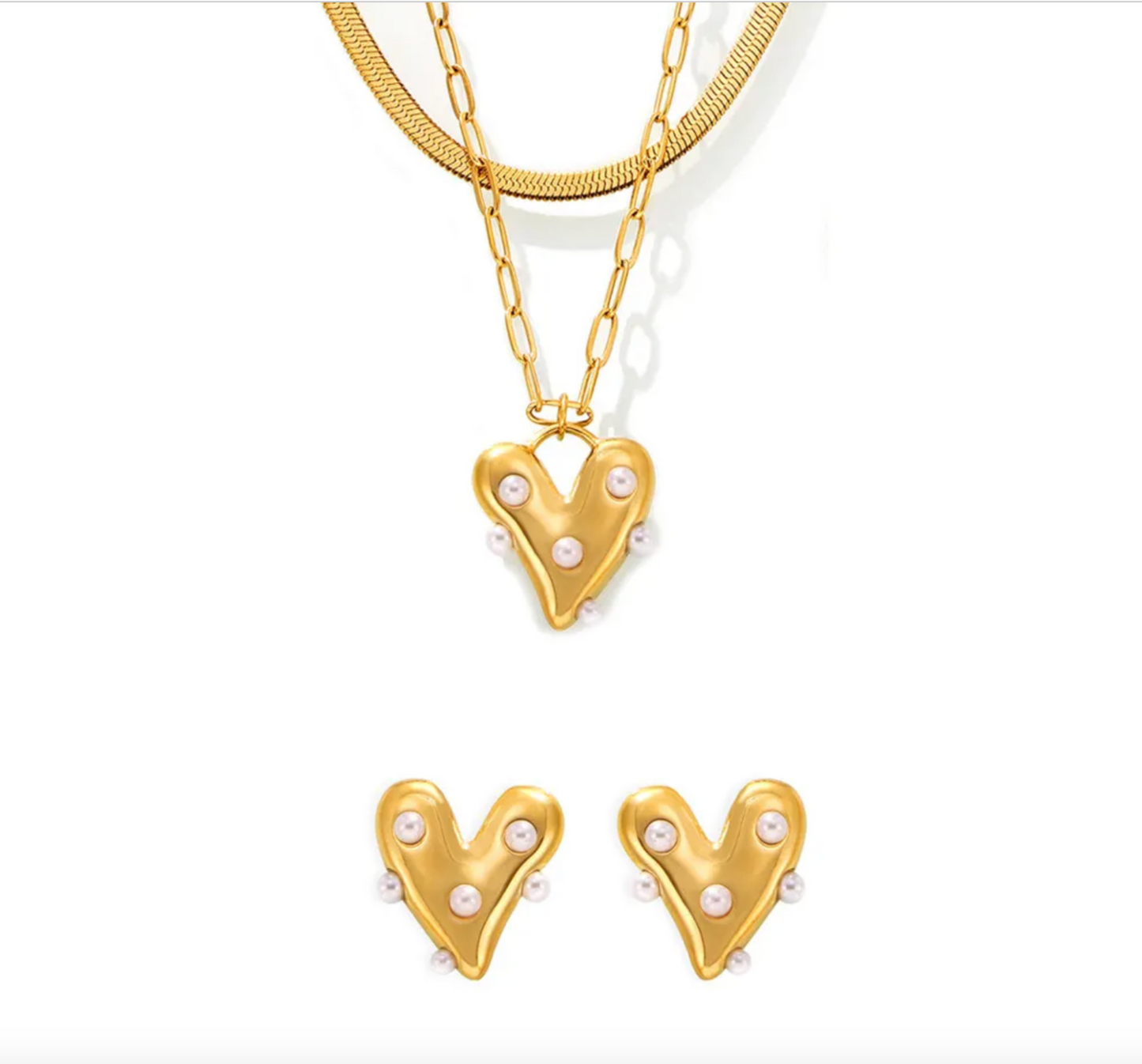 Olivia - Our Olivia set exudes charm with it's delicate pearls striking against brilliant 18k gold.  Crafted from stainless steel & PVD coated in 18K for lasting shine & resilience.  Includes both earrings & double chain necklace